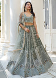 Elegant Dusty Green Butterfly Net Party Wear Lehenga Set