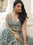 Elegant Dusty Green Butterfly Net Party Wear Lehenga Set
