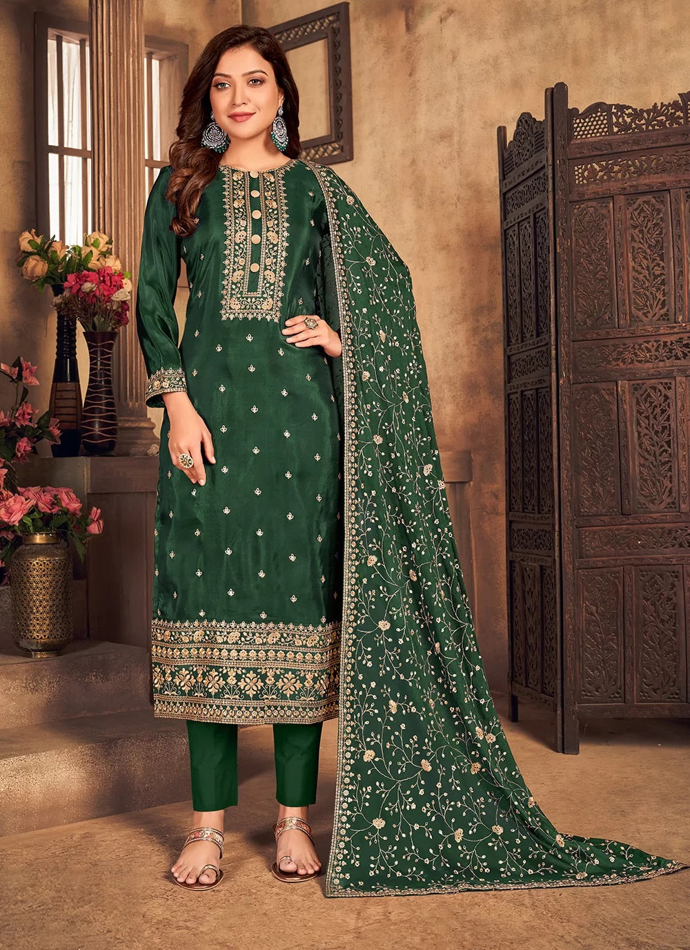 Elegant Green Silk Pant Style Embroidered Pakistani Salwar Suit
