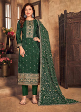 Elegant Green Silk Pant Style Embroidered Pakistani Salwar Suit