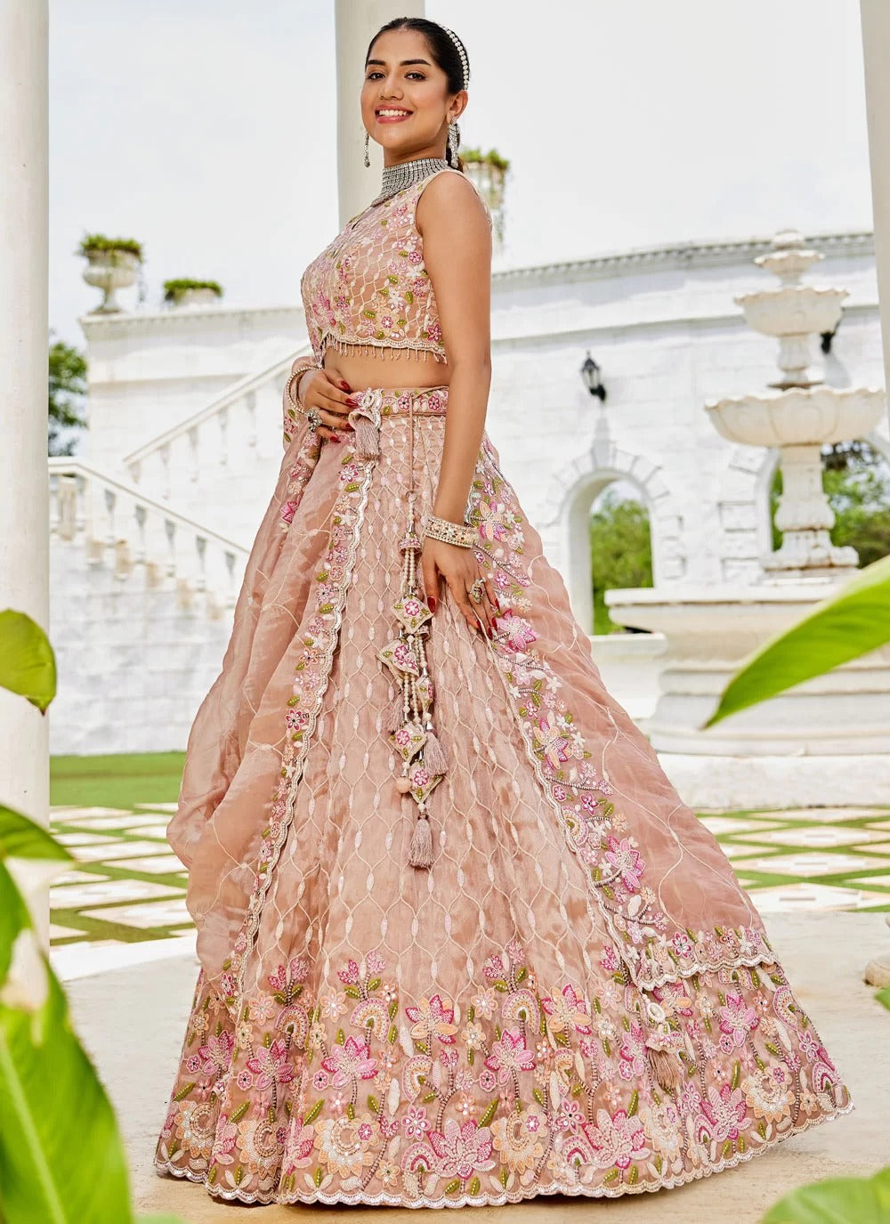 Stylish Nude Satin Silk Bridal Lehenga Choli with Dupatta