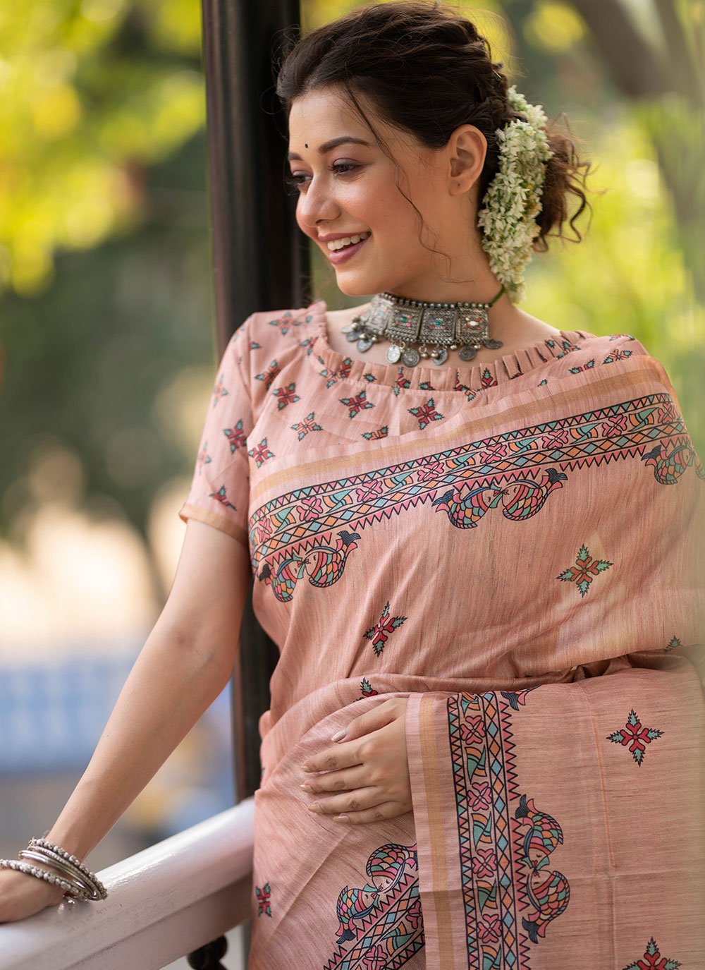 Elegant Peach Tussar Silk Saree with Madhubani Print Border