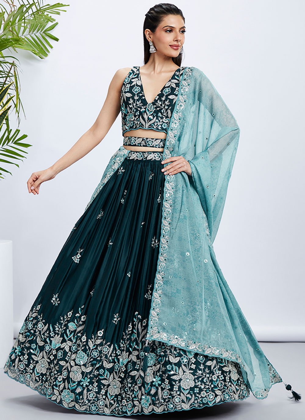 Elegant Teal Olive Raw Silk Lehenga Choli with Sequins and Thread Embroidery