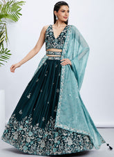 Elegant Teal Olive Raw Silk Lehenga Choli with Sequins and Thread Embroidery