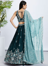 Elegant Teal Olive Raw Silk Lehenga Choli with Sequins and Thread Embroidery