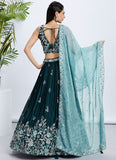 Elegant Teal Olive Raw Silk Lehenga Choli with Sequins and Thread Embroidery