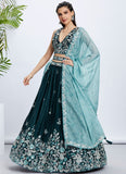 Elegant Teal Olive Raw Silk Lehenga Choli with Sequins and Thread Embroidery