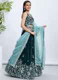 Elegant Teal Olive Raw Silk Lehenga Choli with Sequins and Thread Embroidery