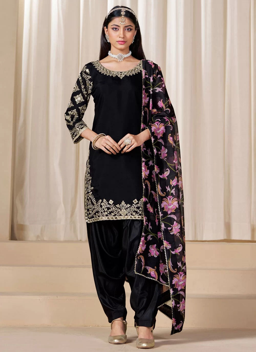Party Wear Punjabi Suit in Black with Original Glass Work