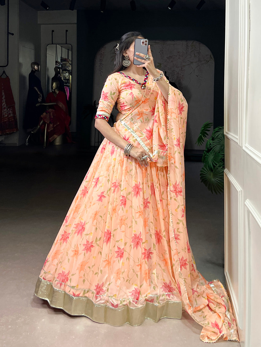 Peach Tubby Silk Floral Printed Lehenga Choli
