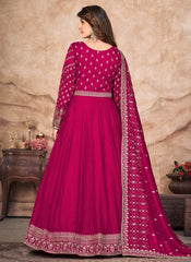 Embroidered Art Silk Abaya Style Suit In Rani