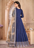Embroidered Art Silk Anarkali in Navy Blue