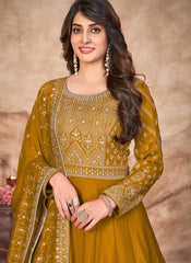 Embroidered Art Silk Anarkali Suit In Mustard