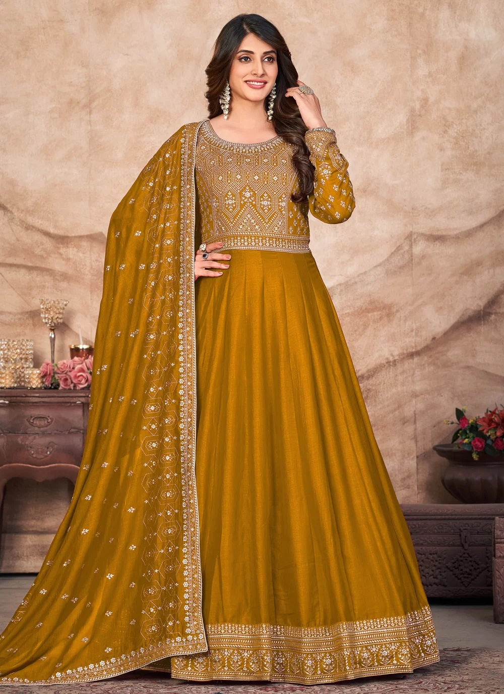 Embroidered Art Silk Anarkali Suit In Mustard