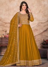 Embroidered Art Silk Anarkali Suit In Mustard