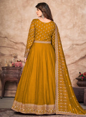 Embroidered Art Silk Anarkali Suit In Mustard