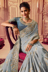 Embroidered Border Viscose Silk Saree in Greyish Blue