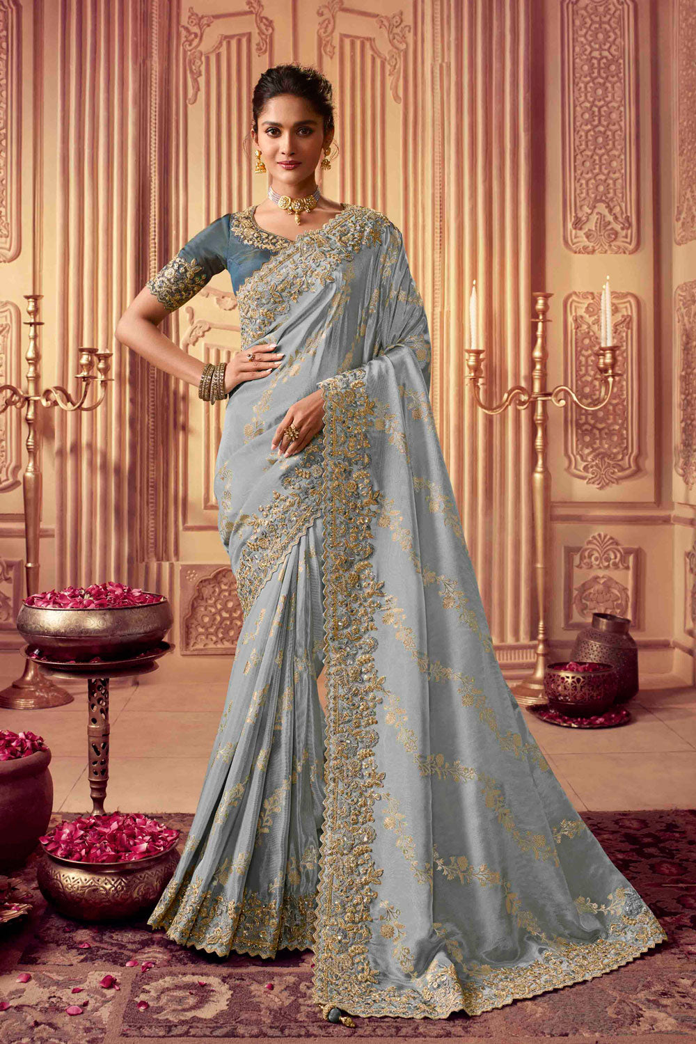 Embroidered Border Viscose Silk Saree in Greyish Blue