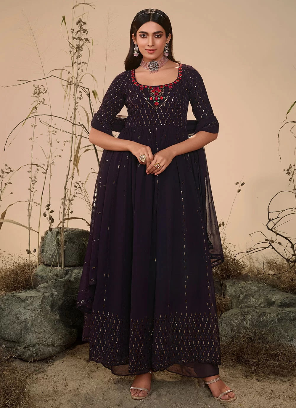 Embroidered Georgette Pakistani Suit in Purple