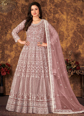 Embroidered Net Abaya Style Suit in Mauve