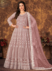 Embroidered Net Abaya Style Suit in Mauve