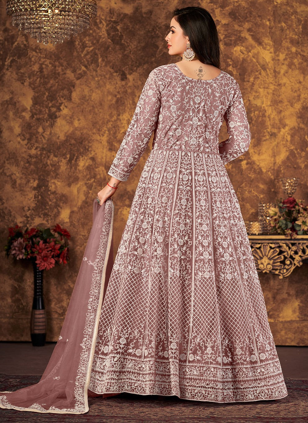 Embroidered Net Abaya Style Suit in Mauve
