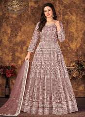 Embroidered Net Abaya Style Suit in Mauve