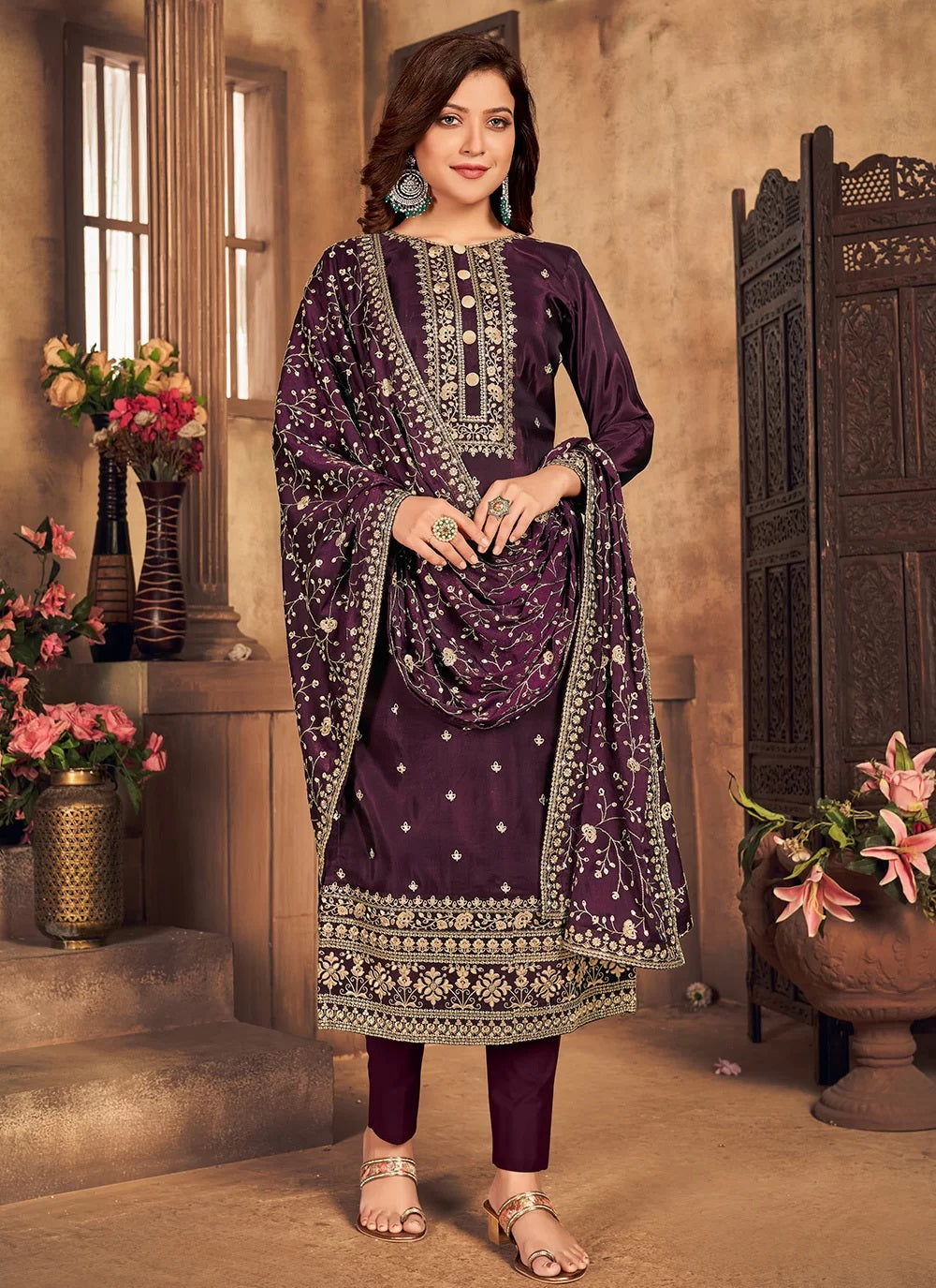 Embroidered Viscose Uppada Silk Pakistani Suit in Wine