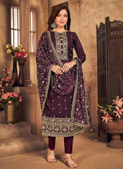 Embroidered Viscose Uppada Silk Pakistani Suit in Wine