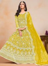 Yellow net Anarkali suit with embroidered dupatta