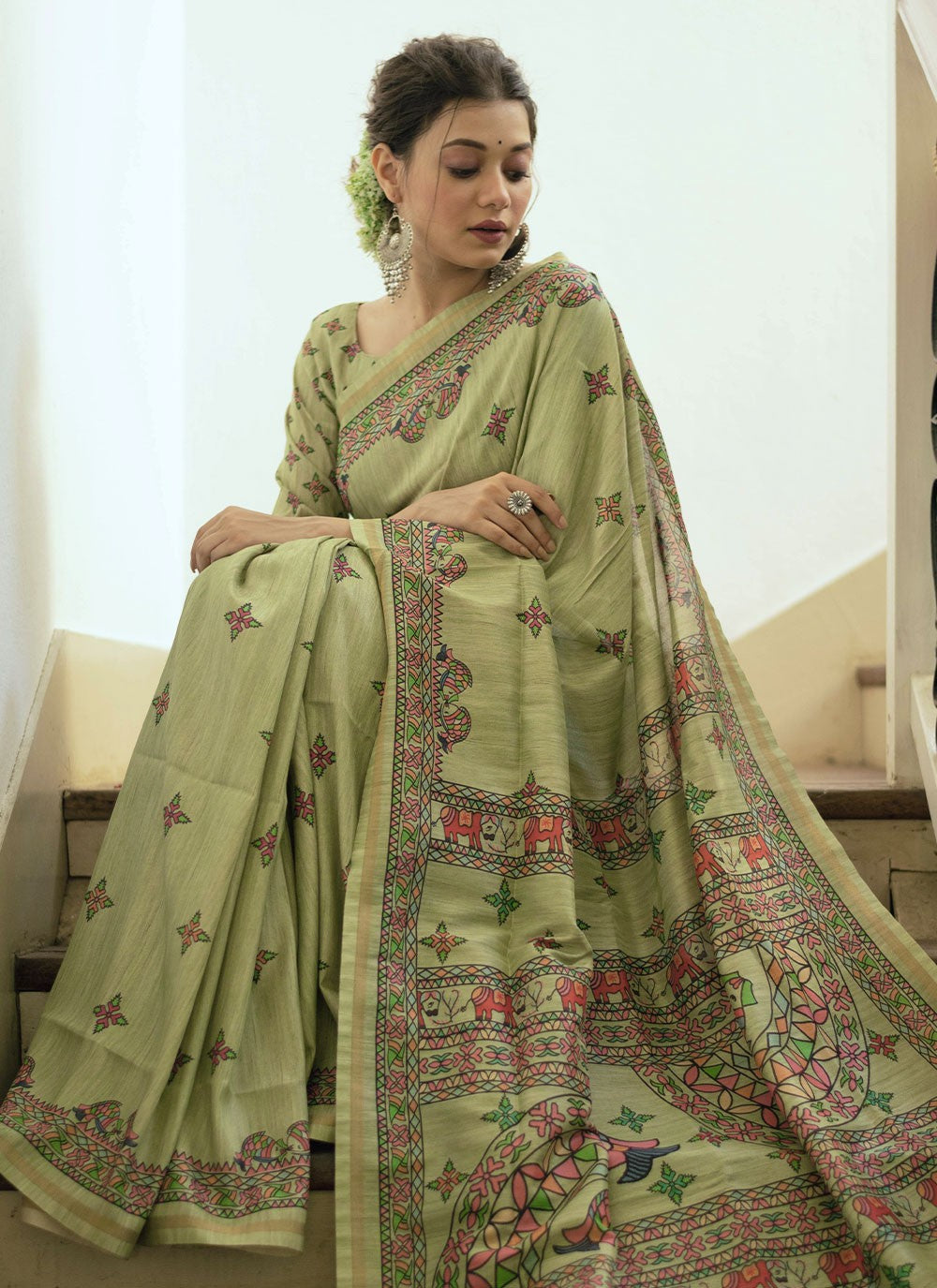 Enchanting Green Tussar Silk Saree With Madhubani Print & Zari Border