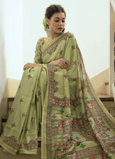 Enchanting Green Tussar Silk Saree With Madhubani Print & Zari Border