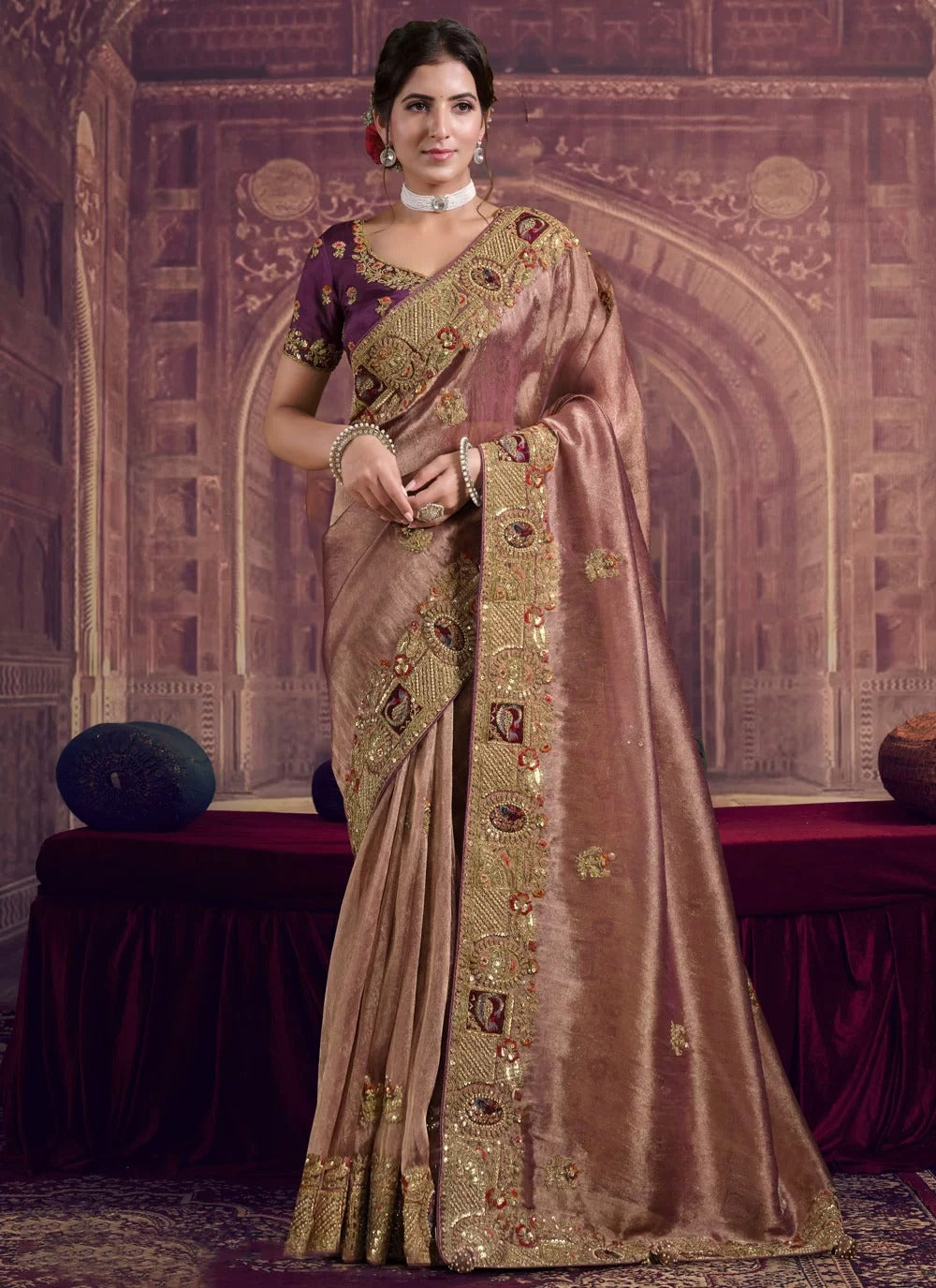 Wine & Gold Zari Organza Silk Saree | Khatli & Sequence Fancy Bridal Saree