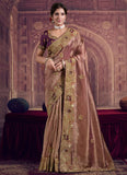 Wine & Gold Zari Organza Silk Saree | Khatli & Sequence Fancy Bridal Saree