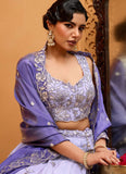 Lavender tissue bridesmaid lehenga with bead, stone, and sequin embroidery, navy blue dupatta, and 3.9-meter flare