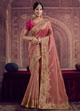Ethereal Peach Zari Organza Silk Wedding Saree with Khatli & Sequence Work