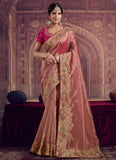 Ethereal Peach Zari Organza Silk Wedding Saree with Khatli & Sequence Work