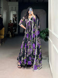 Purple Color Floral Printed And Paper Mirror Lace Georgette Gown