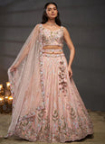 Exquisite Peach Mirror Zarkan & Sequin Embroidery Poly Chiffon Lehenga Choli With Net Dupatta