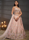 Exquisite Peach Mirror Zarkan & Sequin Embroidery Poly Chiffon Lehenga Choli With Net Dupatta
