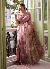 Exquisite Pink Tussar Silk Saree with Madhubani Print Border