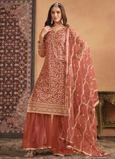 Exquisite Rust Embroidered Net Dress with Sharara