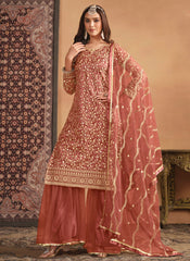 Exquisite Rust Embroidered Net Dress with Sharara
