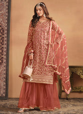 Exquisite Rust Embroidered Net Dress with Sharara