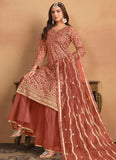 Exquisite Rust Embroidered Net Dress with Sharara