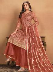 Exquisite Rust Embroidered Net Dress with Sharara