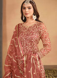 Exquisite Rust Embroidered Net Dress with Sharara