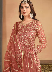 Exquisite Rust Embroidered Net Dress with Sharara
