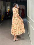 Cream Color Polka Dot Print Georgette Festive Wear Dress