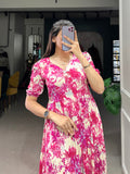 Pink Color Printed With Foil Work Rayon Dress